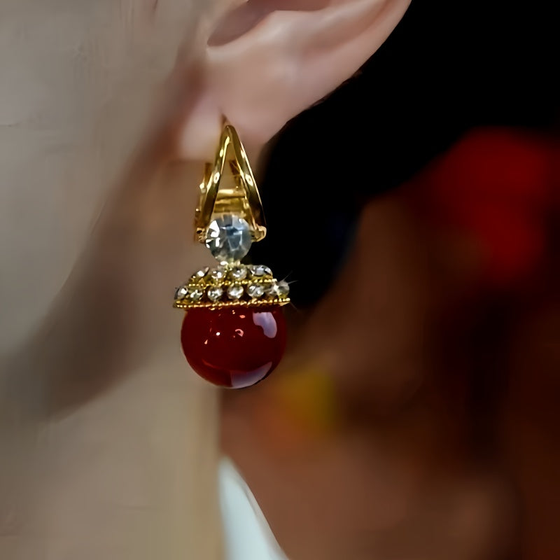 14K Gold-Plated Zircon Diamond Red Pearl Earrings