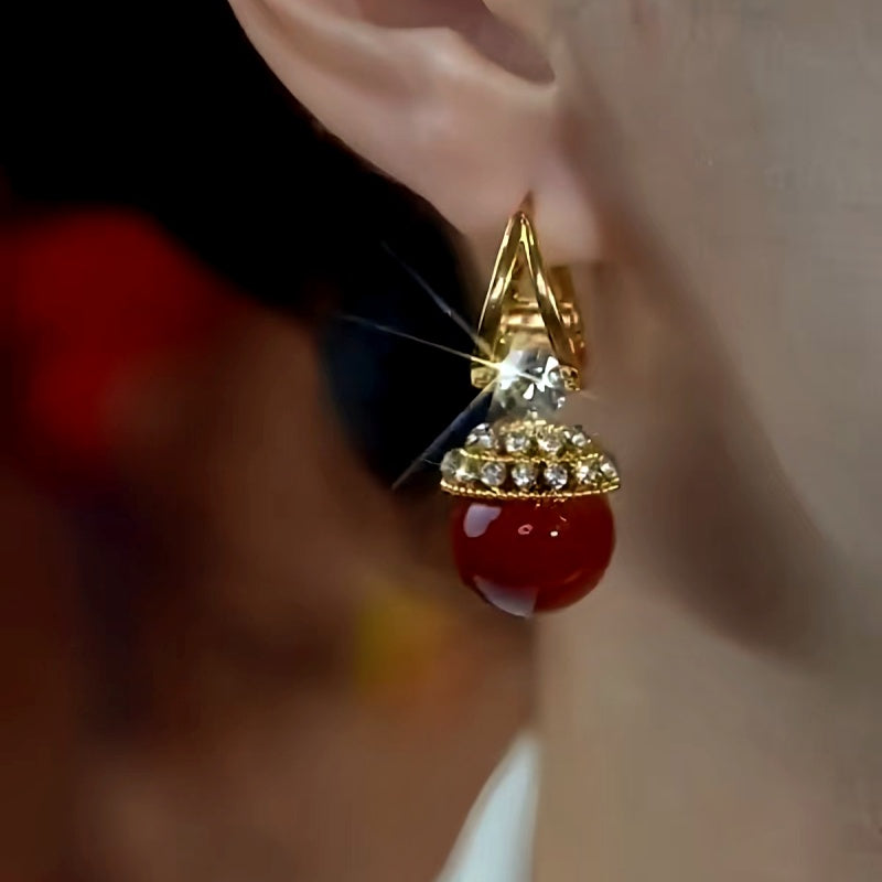 14K Gold-Plated Zircon Diamond Red Pearl Earrings