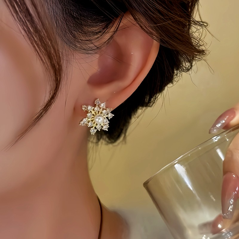 14K Gold-Plated Zircon Diamond Rotating Snowflake Earrings