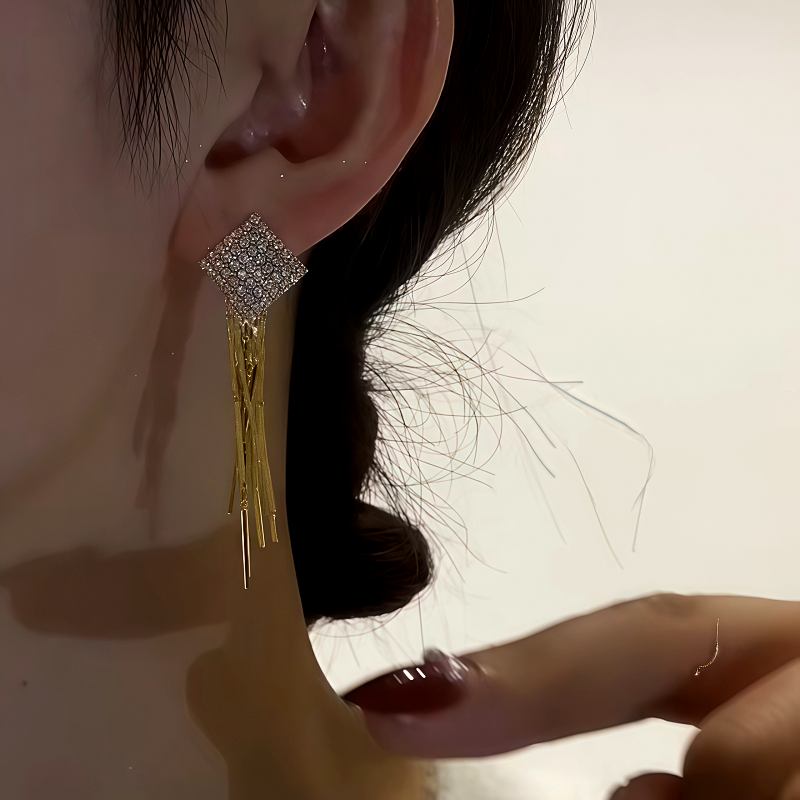 14K Gold-Plated Zircon Diamond Tassel Earrings