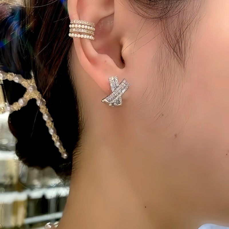 14K Gold-Plated Zircon Diamond X-Shaped Elegant Studs