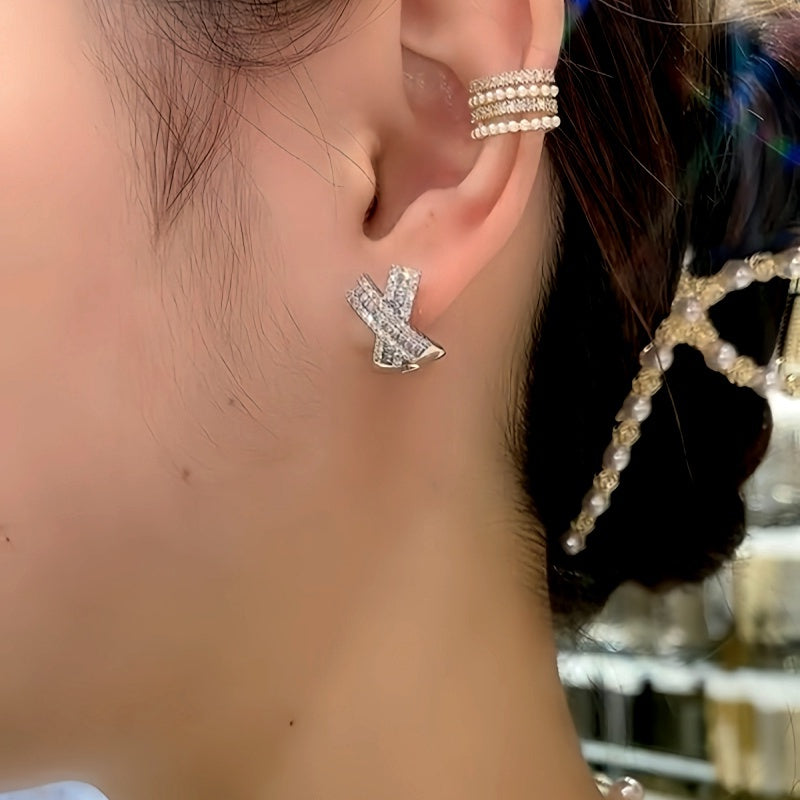 14K Gold-Plated Zircon Diamond X-Shaped Elegant Studs