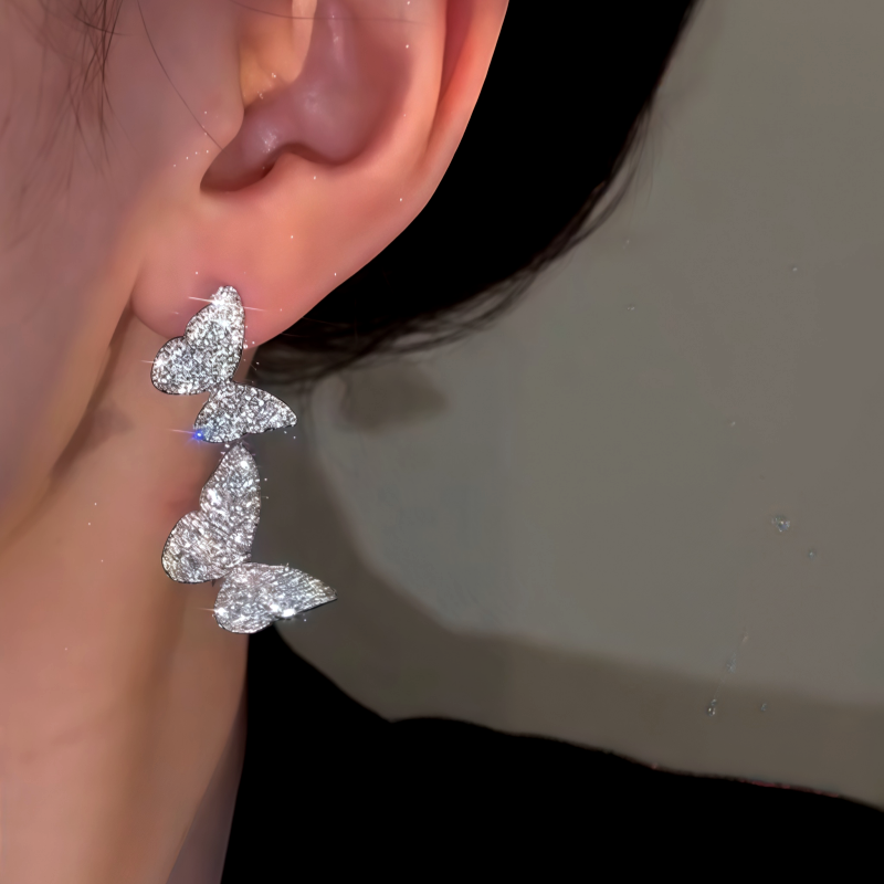 14K Gold-Plated Zircon Double-Butterfly Earrings