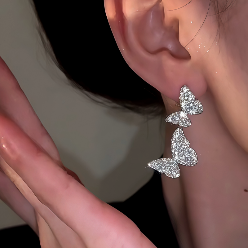 14K Gold-Plated Zircon Double-Butterfly Earrings