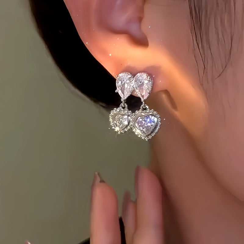 14K Gold-Plated Zircon Double-Heart Earrings