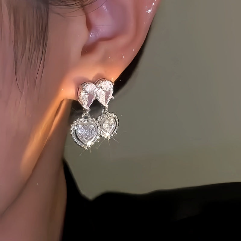 14K Gold-Plated Zircon Double-Heart Earrings