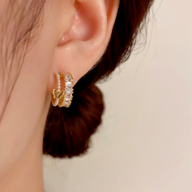 14K Gold-Plated Zircon Double-Layer Butterfly C-Shaped Earrings