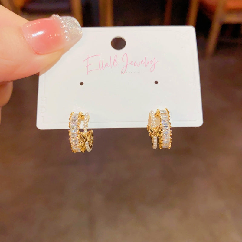 14K Gold-Plated Zircon Double-Layer Butterfly C-Shaped Earrings