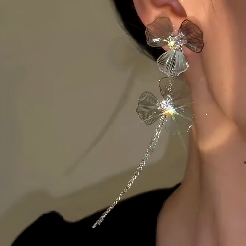 14K Gold-Plated Zircon Double Flower Tassel Earrings