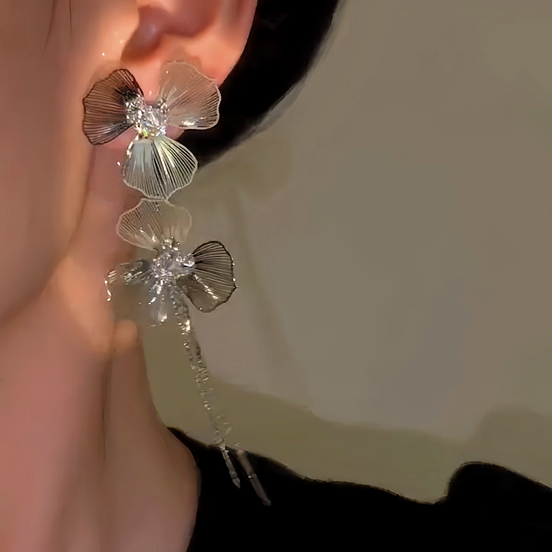 14K Gold-Plated Zircon Double Flower Tassel Earrings