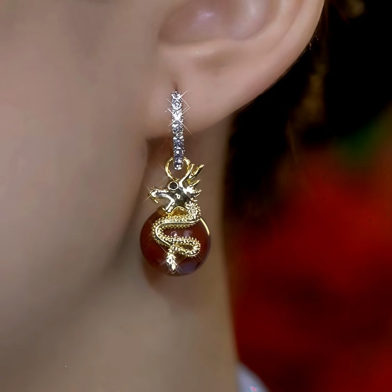 14K Gold-Plated Zircon Dragon Pearl Earrings