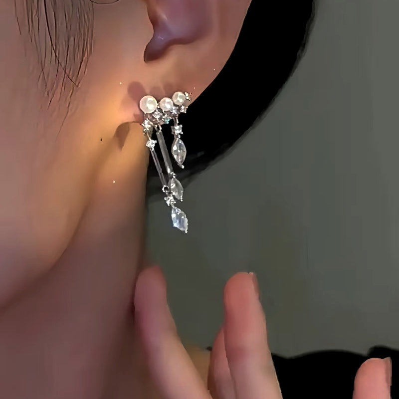 14K Gold-Plated Zircon Drop Pearl Tassel Earrings