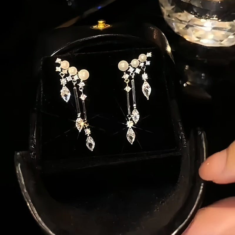 14K Gold-Plated Zircon Drop Pearl Tassel Earrings