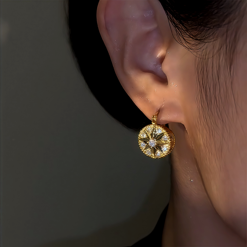 14K Gold-Plated Zircon Eight-Pointed Star Compass Earrings
