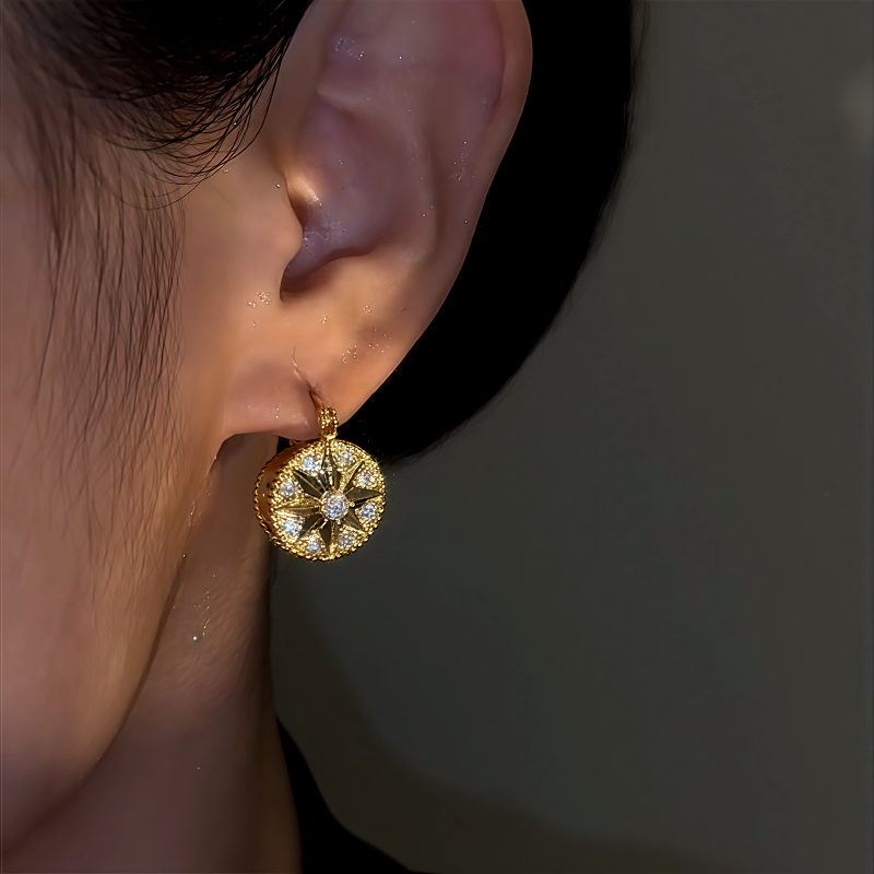 14K Gold-Plated Zircon Eight-Pointed Star Compass Earrings