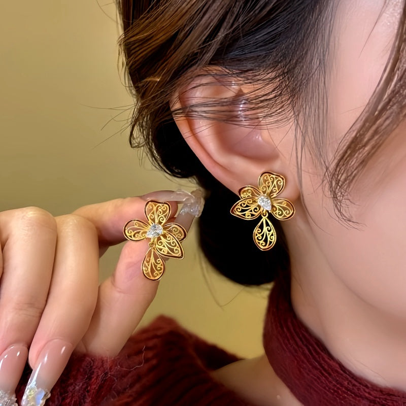 14K Gold-Plated Zircon Enamel Filigree Flower Earrings