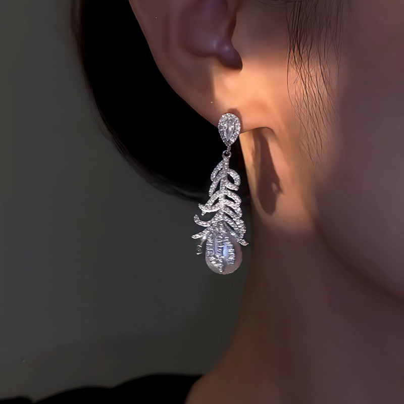 14K Gold-Plated Zircon Feather Pearl Earrings