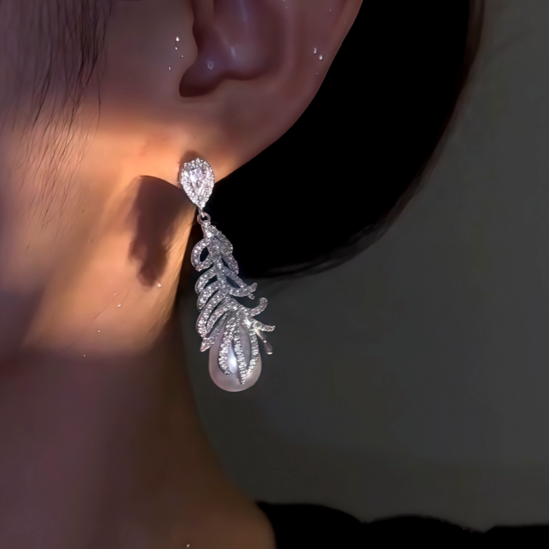 14K Gold-Plated Zircon Feather Pearl Earrings