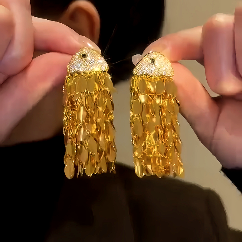 14K Gold-Plated Zircon Fish Head Tassel Earrings