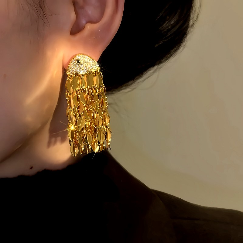 14K Gold-Plated Zircon Fish Head Tassel Earrings
