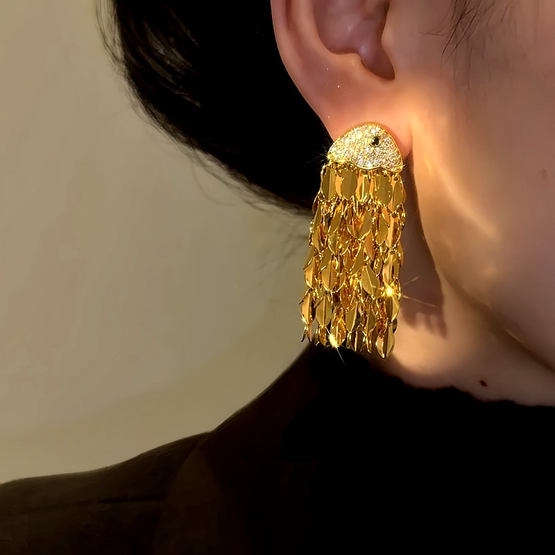 14K Gold-Plated Zircon Fish Head Tassel Earrings