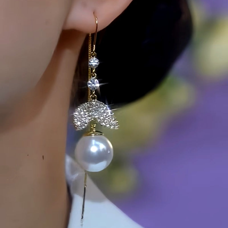 14K Gold-Plated Zircon Fishtail Pearl Threader Earrings