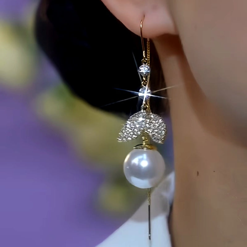 14K Gold-Plated Zircon Fishtail Pearl Threader Earrings