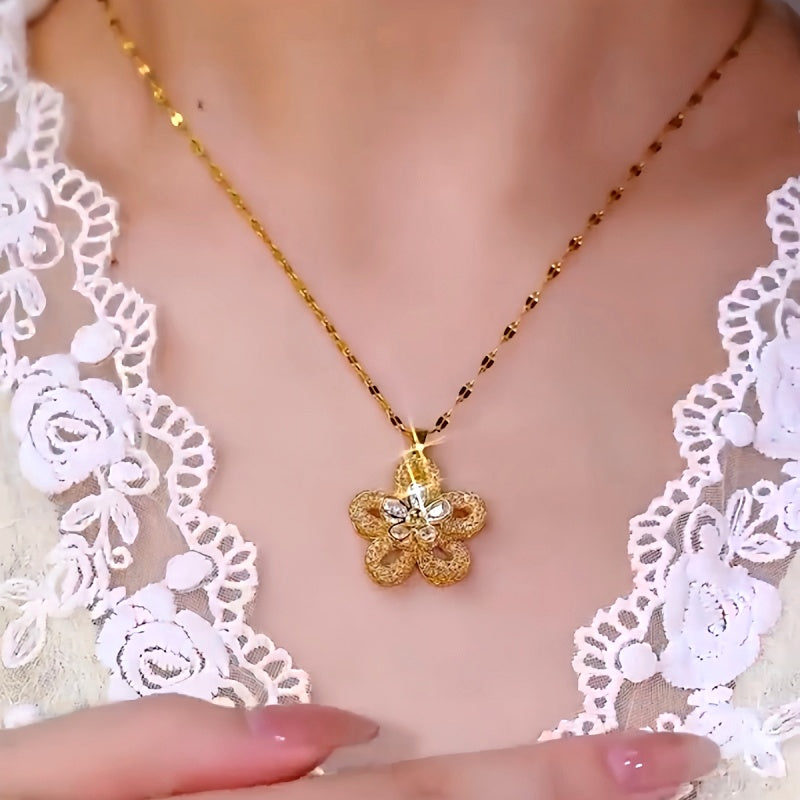 14K Gold-Plated Zircon Five-Petal Flower Pendant Necklaces