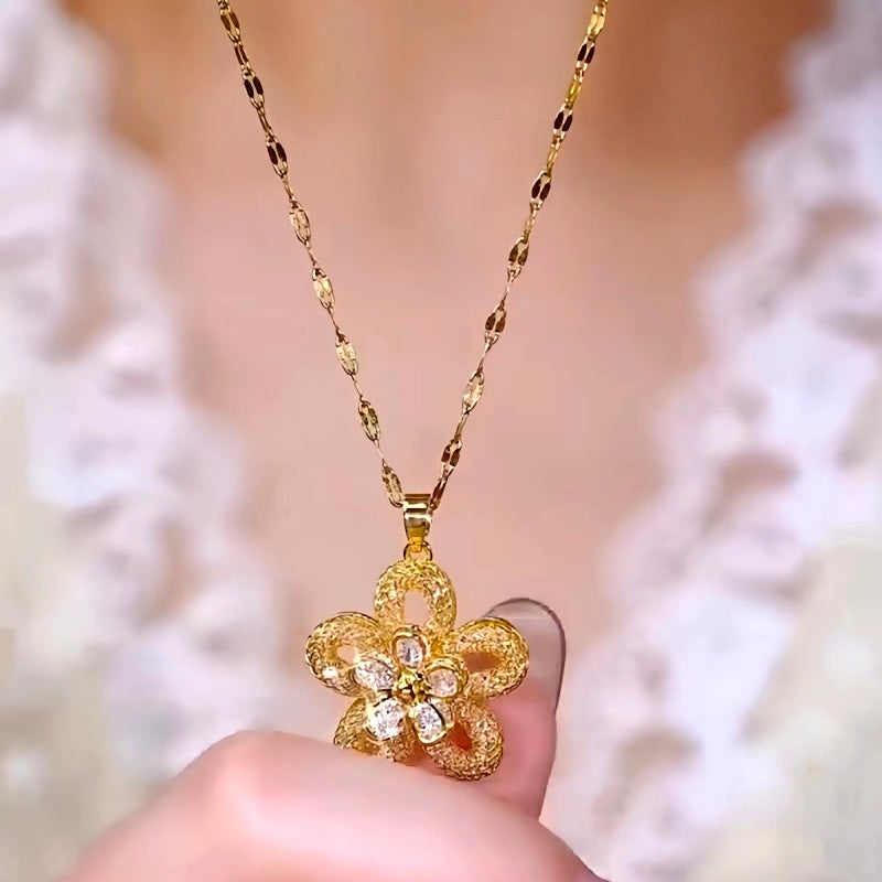 14K Gold-Plated Zircon Five-Petal Flower Pendant Necklaces