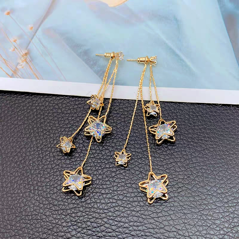 14K Gold-Plated Zircon Five-Pointed Star Tassel Earrings