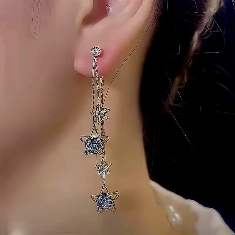 14K Gold-Plated Zircon Five-Pointed Star Tassel Earrings