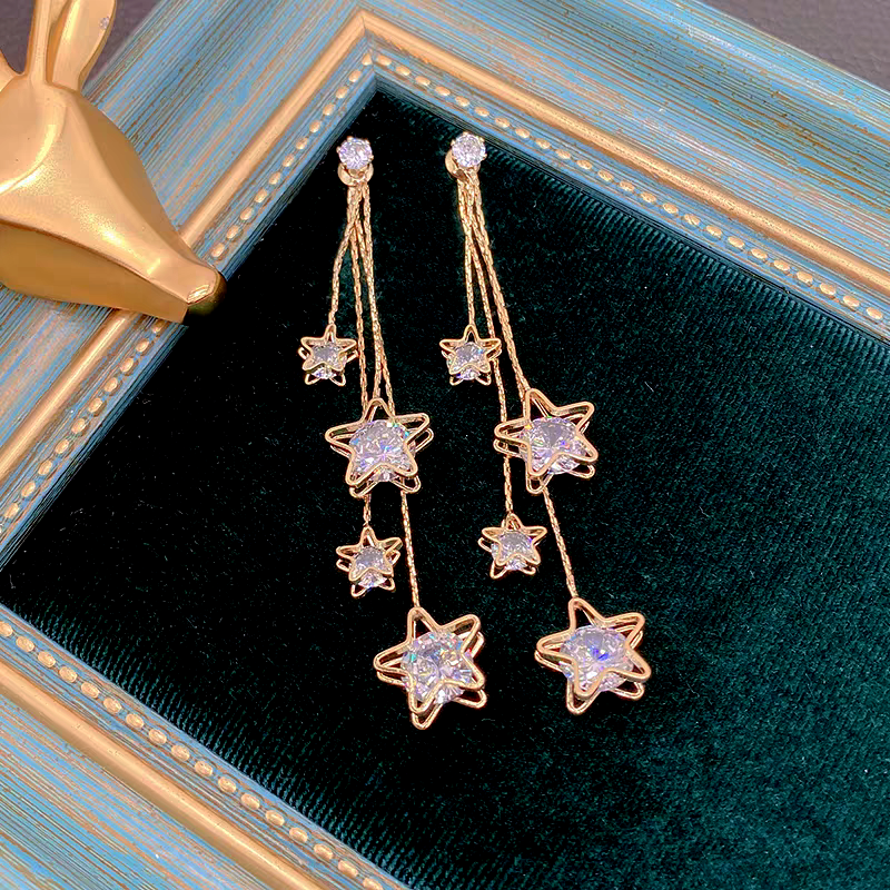14K Gold-Plated Zircon Five-Pointed Star Tassel Earrings