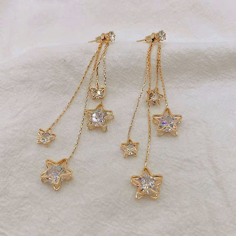 14K Gold-Plated Zircon Five-Pointed Star Tassel Earrings
