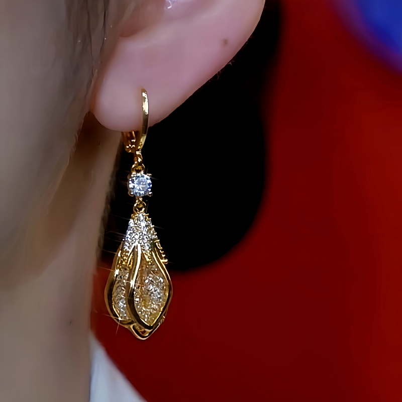 14K Gold-Plated Zircon Flower Bud Gold Wire Mesh Earrings