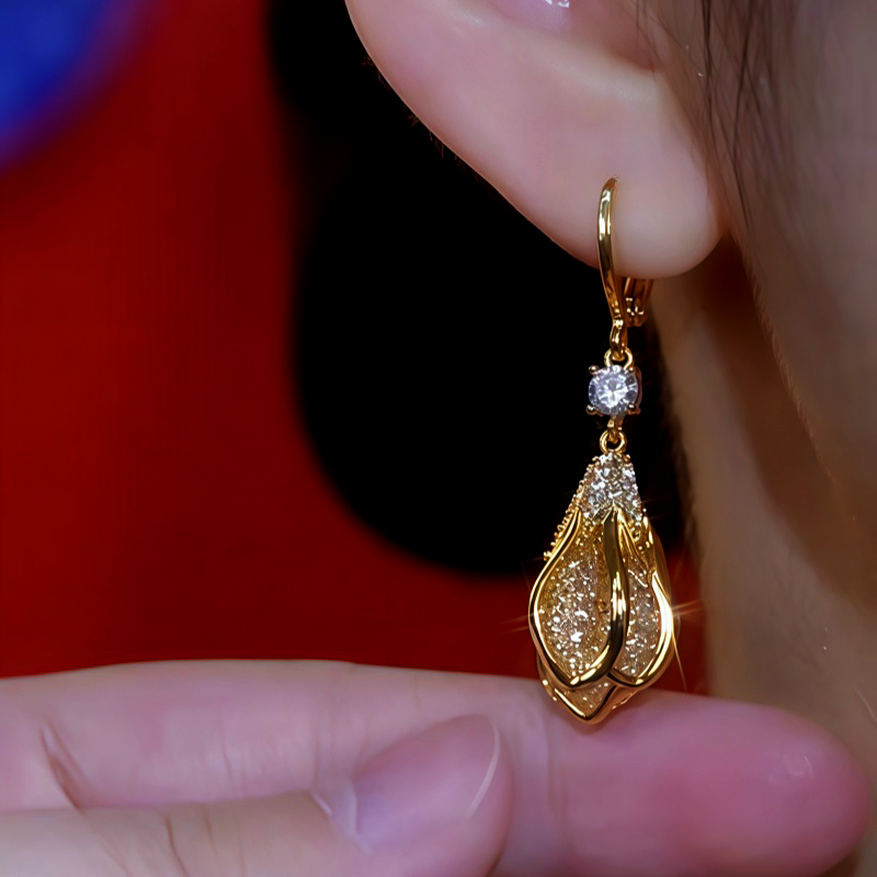 14K Gold-Plated Zircon Flower Bud Gold Wire Mesh Earrings