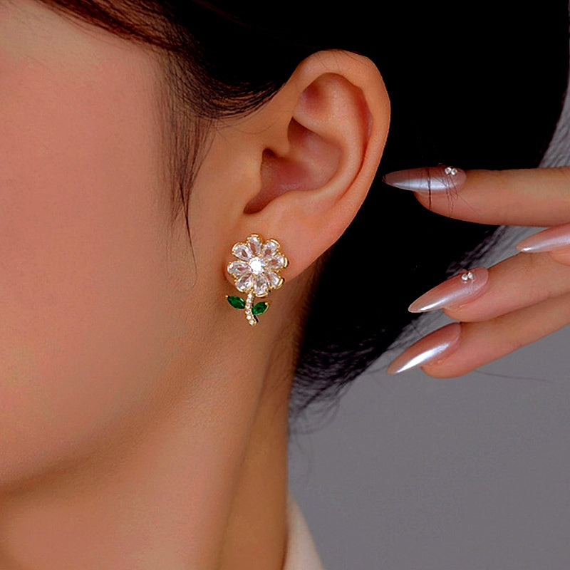 14K Gold-Plated Zircon Flower Earrings