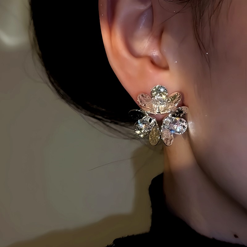 14K Gold-Plated Zircon Flower Earrings