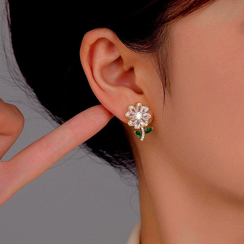 14K Gold-Plated Zircon Flower Earrings
