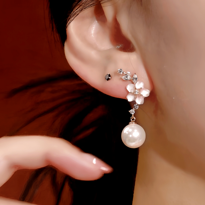 14K Gold-Plated Zircon Flower Pearl Earrings