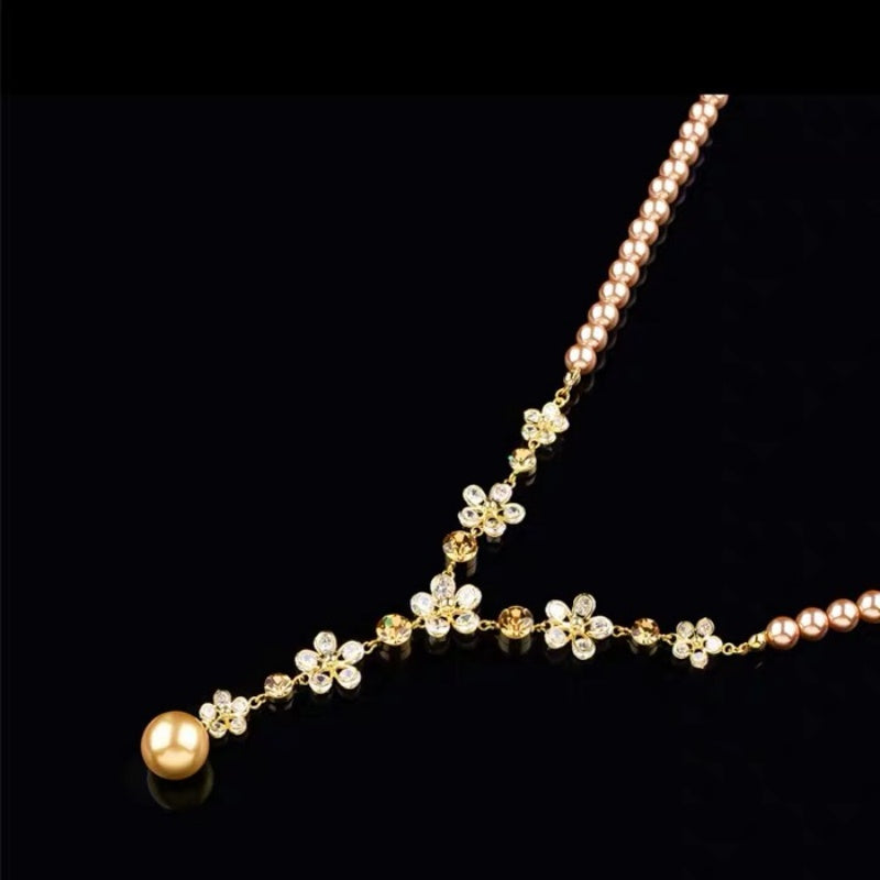 14K Gold-Plated Zircon Flower Pearl Necklace