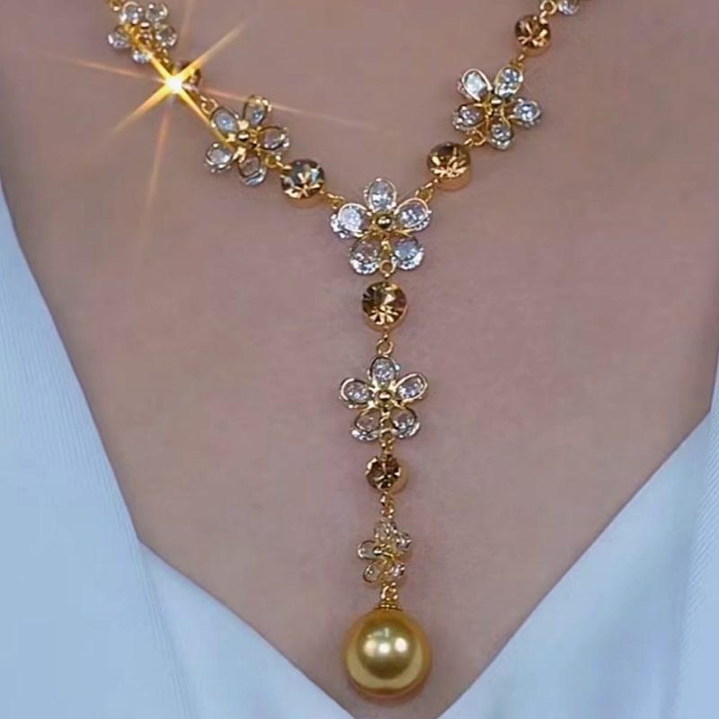 14K Gold-Plated Zircon Flower Pearl Necklace