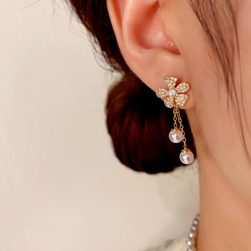 14K Gold-Plated Zircon Flower Pearl Tassel Earrings