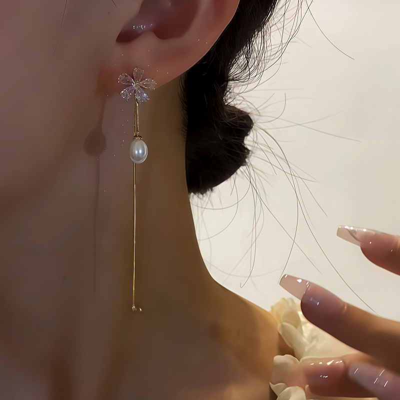 14K Gold-Plated Zircon Flower Pearl Tassel Earrings