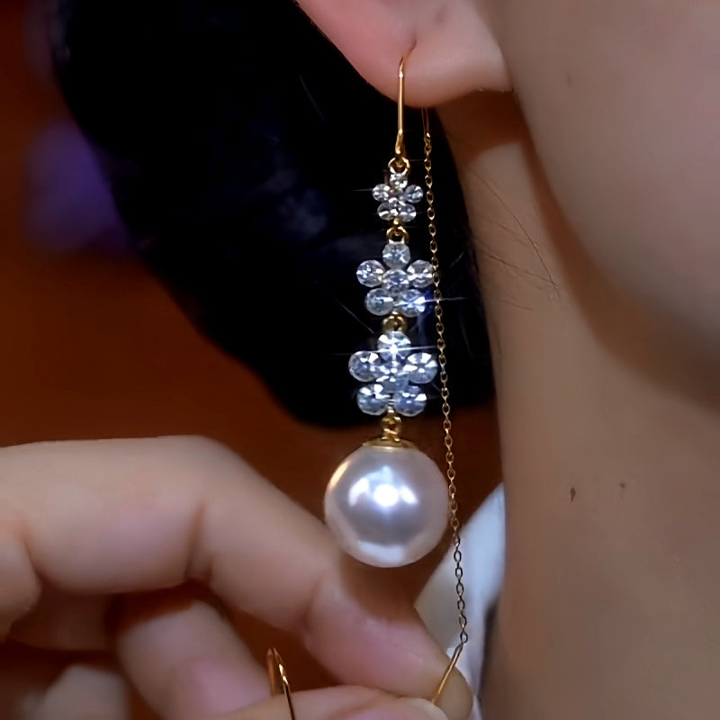 14K Gold-Plated Zircon Flower Pearl Threader Earrings