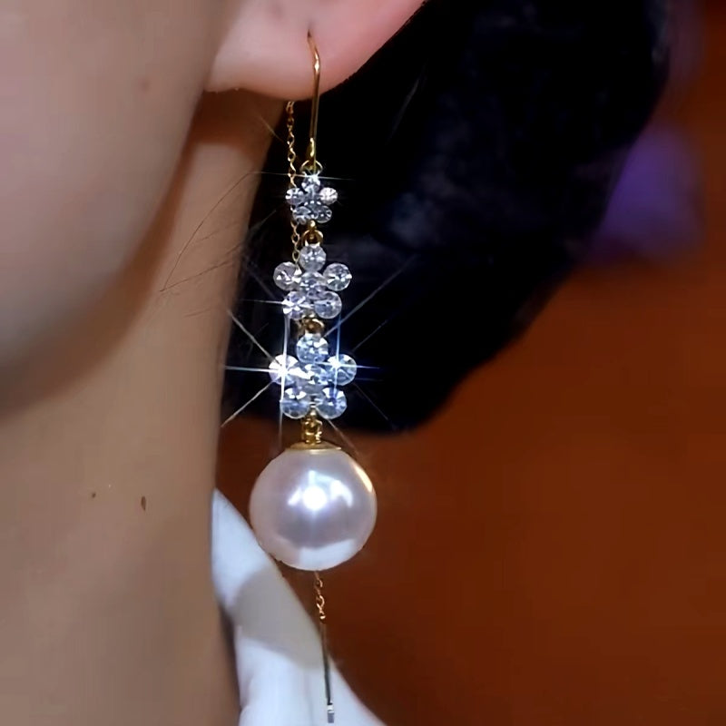 14K Gold-Plated Zircon Flower Pearl Threader Earrings