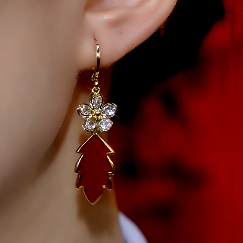 14K Gold-Plated Zircon Flower Red Leaf Earrings