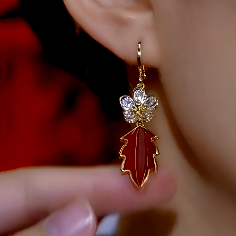 14K Gold-Plated Zircon Flower Red Leaf Earrings