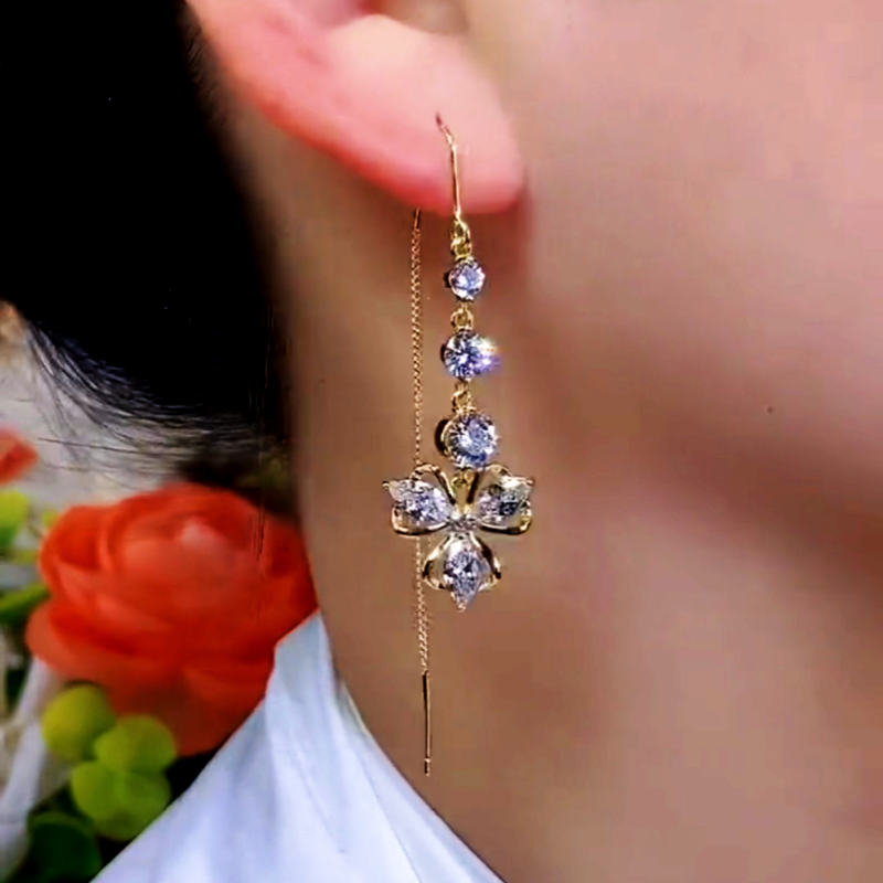 14K Gold-Plated Zircon Flower Threader Earrings
