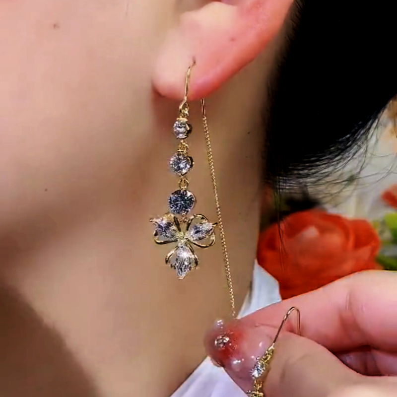 14K Gold-Plated Zircon Flower Threader Earrings