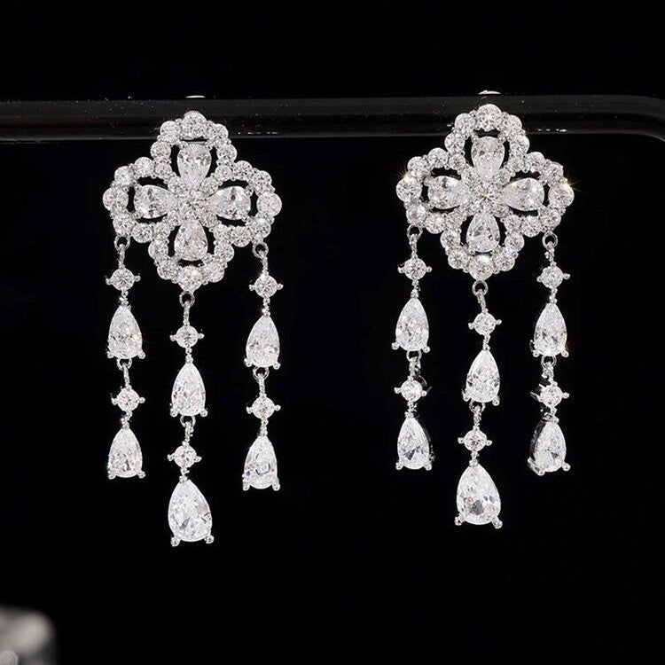 14K Gold-Plated Zircon Four-Leaf Earrings
